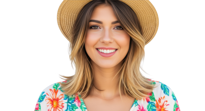 Happy Woman in Summer Hat and Floral Dress creative illustration featuring healthy, smile, vibrant, style,