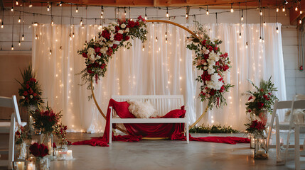 Romantic wedding decor with floral hoop and white bench