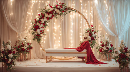 wedding backdrop with gold ring arch and roses