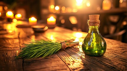 Herbal Remedy Essential Oil and Fresh Herbs on Rustic Wooden Table
