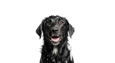 Portrait of a Soapy Wet Black Dog Isolated on White creative illustration featuring retriever, headshot, happy,
