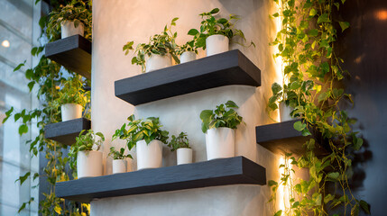 Modern wall decoration with greenery and floating shelves