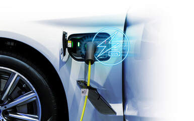 Power cable pump plug in charging power to electric vehicle EV car.