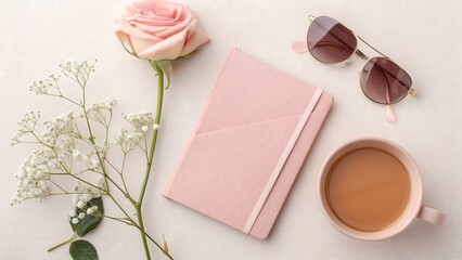 Soft pink aesthetic flat lay with rose coffee and sunglasses
