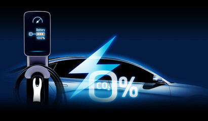 Concept of Power cable pump plug in charging power to electric vehicle EV car with icon save the world.