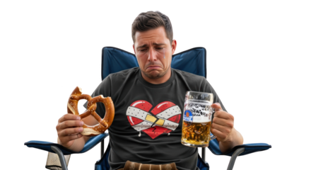 Sad heartbroken man crying while holding beer and pretzel creative illustration featuring misery, failure, emotional, grief, problem, holding