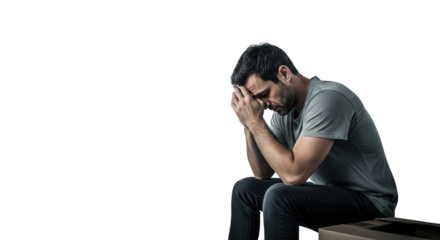 Sad Man Sitting on Cardboard Box Depression Concept creative illustration featuring psychology, dejected, isolation, depressed, therapy,