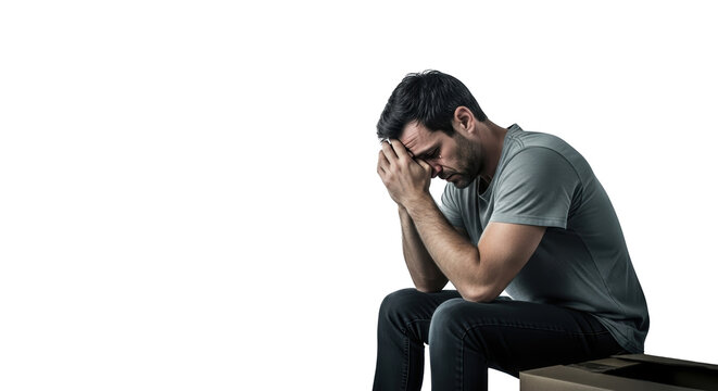Sad Man Sitting on Cardboard Box Depression Concept creative illustration featuring psychology, dejected, isolation, depressed, therapy, - Powered by Adobe