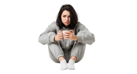 Sad Young Woman Holding Coffee Mug Feeling Lonely creative illustration featuring lonely, grief, woman, feeling, alone, mug design