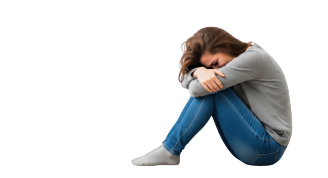 Sad Woman Sitting Head in Hands creative illustration featuring sorrow, counseling, suffering, mental health,