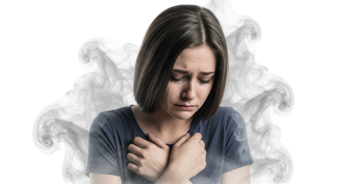Sad Young Woman Crying Smoke Effect creative illustration featuring devastated, depression, troubled, melancholic, grief,