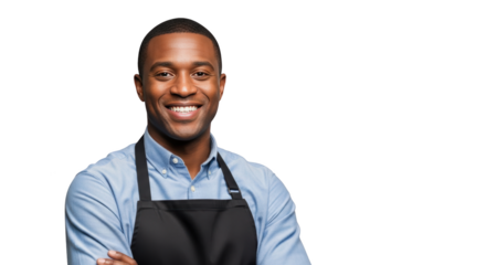 Smiling African American Business Owner creative illustration featuring confident, arms, job, cafe, portrait, background design concept for