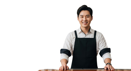 Smiling Asian Man Wearing Black Apron creative illustration featuring asian, cutout, server, white background,