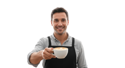 Smiling Barista Offering Latte Art Coffee creative illustration featuring adult, milk, male, foam, friendly,