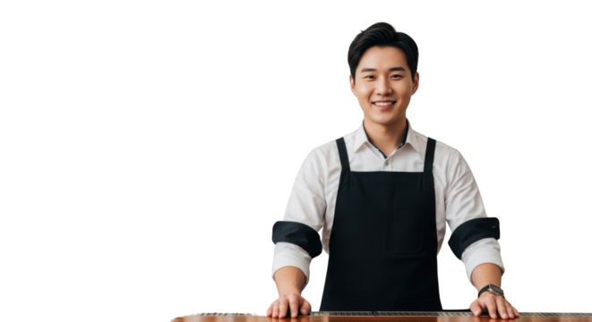 Smiling Asian Man Wearing Black Apron creative illustration featuring asian, cutout, server, white background,