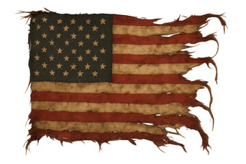 Tattered american flag showing aging patriotism and grunge texture, transparent background