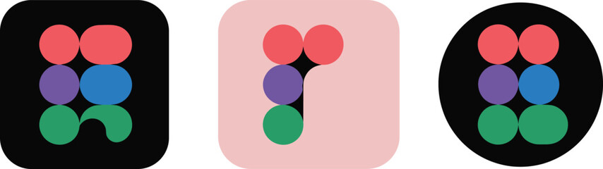 Figma logo variations set, flat vector illustration showing colorful design icons inside black square, pink square, and circular backgrounds