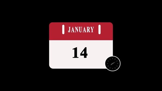 14 January date Calendar Page with Clock countdown animation on black Background. Digital calendar month and date concept design.