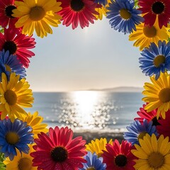 Floral Frame Over Ocean - A Vibrant Coastal View.