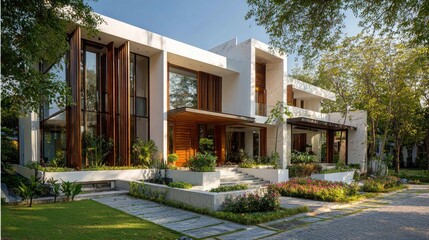Contemporary style home with flat roofs, vertical wooden slats, and elegant landscaping creating a serene atmosphere