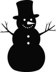 Snowman silhouette vector illustration with hat, carrot nose, and branch arms for winter, Christmas, holiday decoration, and festive design projects