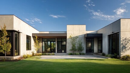 Contemporary suburban L-shaped home with green lawn, private courtyard, and tall windows designed for natural ventilation