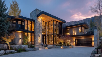 Elegant contemporary residence with large sliding doors, stone cladding, and warm exterior lighting during twilight