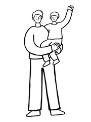 Father Holding Son Waving. Hand Drawn People Illustration.