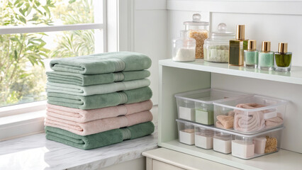 Neatly stacked towels and organized bathroom shelf with perfume bottles