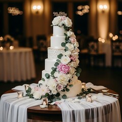 Elegant Wedding Cake with Floral Decorations and Romantic Lighting.