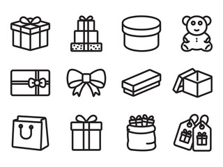 Gift icon set. Line style vectors. Contains icons such as gift boxes, dolls, and more.
