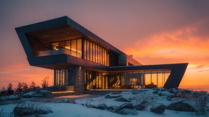 Stunning contemporary architecture featuring cantilevered structure, sharp lines, and floor-to-ceiling windows at sunset