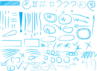 Collection of blue hand drawn doodles and sketches with abstract shapes and symbols on white background