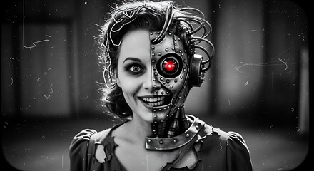 Cyborg Woman - A Fusion of Humanity and Technology in Monochrome.