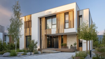 Stylish contemporary residence with geometric white walls, and natural wood finishes surrounded by greenery