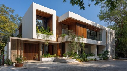 Stylish contemporary residence with geometric white walls, and natural wood finishes surrounded by greenery
