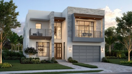 Two-story contemporary style house featuring minimalist design, open balcony, and manicured front lawn in daylight