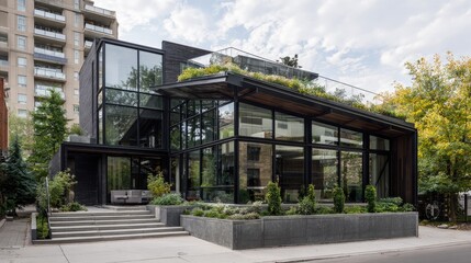 Urban contemporary home with black steel beams, glass panels, and rooftop garden blending nature with modern architecture