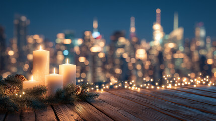 Obraz premium Merry Christmas Day, Glowing Christmas Candles with City Lights Background on Wooden Table