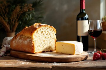 Bread Cheese Red Wine and Strawberries a Delicious Food Still Life