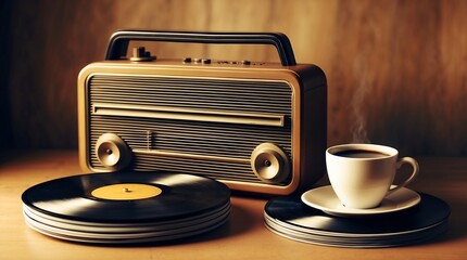 Vintage Vibes Morning Coffee Records and Retro Radio Still Life
