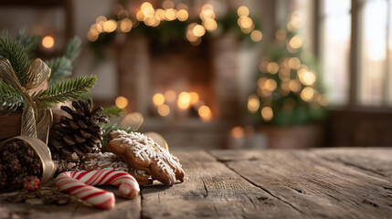 Merry Christmas Day, Christmas Cookies and Candy Canes on Rustic Wooden Table by Fireplace