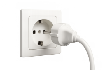 Connecting electrical plug into a white wall socket, providing power and energy, transparent background