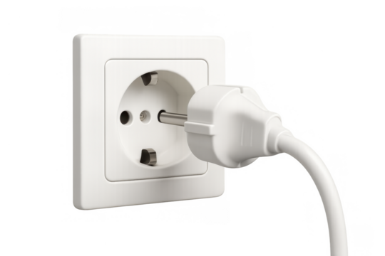 Connecting electrical plug into a white wall socket, providing power and energy, transparent background - Powered by Adobe