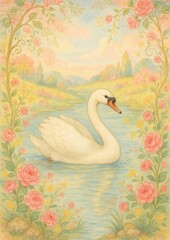 Obraz premium Elegant swan amidst floral beauty.
