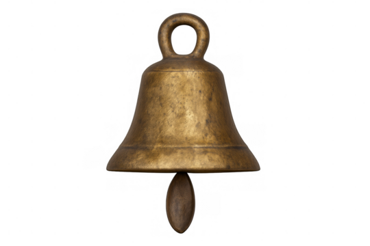 Old brass bell with a clapper, ringing sound, alarm, and vintage decorative element on transparent background