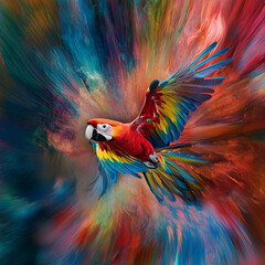 Parrot flying in colorful world, Colorful Parrot Flying in Fantasy World, "Colorful Parrot Soaring Through the Sky", "Vivid Parrot Flying in a Rainbow World", "Tropical Parrot Taking Flight", "Brightl