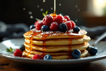 Delicious Pancakes Stacked High with Fresh Berries and Maple Syrup