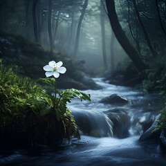 "Solitary White Flower by a Flowing Stream", "A White Flower in the Tranquil Stream", "Peaceful Scene with Flower and Stream", "Gentle Stream with Single White Flower"