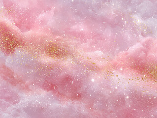 Obraz premium Dreamy pink and gold abstract background with soft clouds and sparkling glitter creates whimsical and ethereal atmosphere. blend of colors and textures evokes sense of wonder and fantasy
